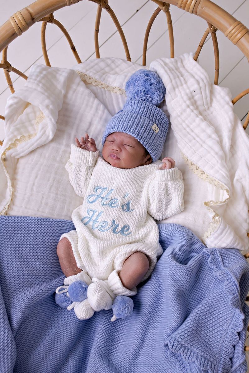 Knitted Baby Booties - Blue Poms 0-6M