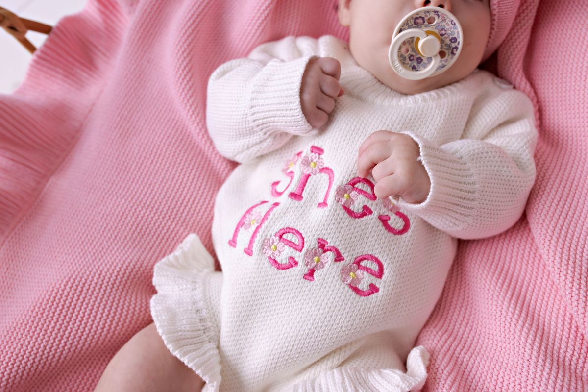 "She's Here" Knit Romper - Snow (NB)