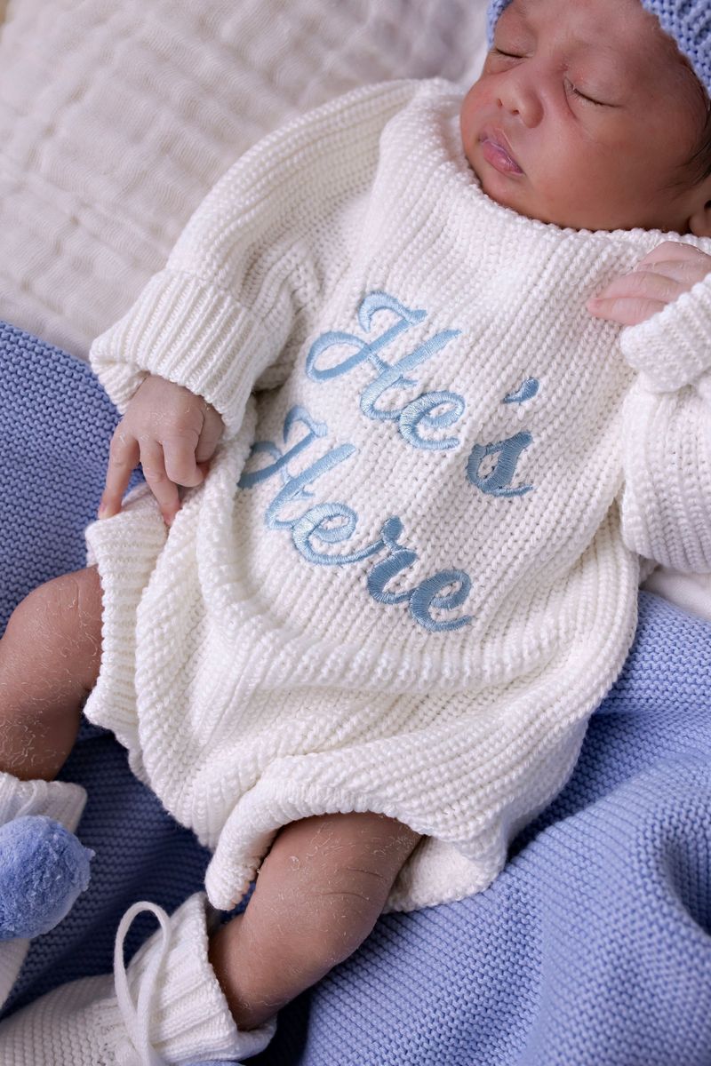 "He's Here" Chunky Knit Romper - Snow (NB)
