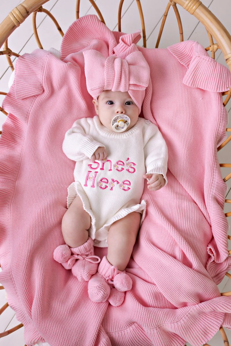 "She's Here" Knit Romper - Snow (NB)