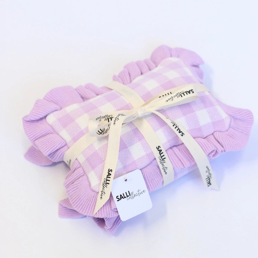 Frilled Purple Gingham Doll Blanket + Pillow Set