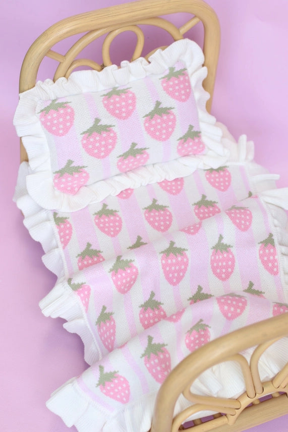 Strawberry Frilled Doll Blanket + Pillow Set