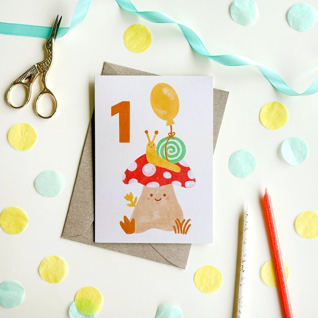 Card - Age 1 Mushroom Snail Birthday