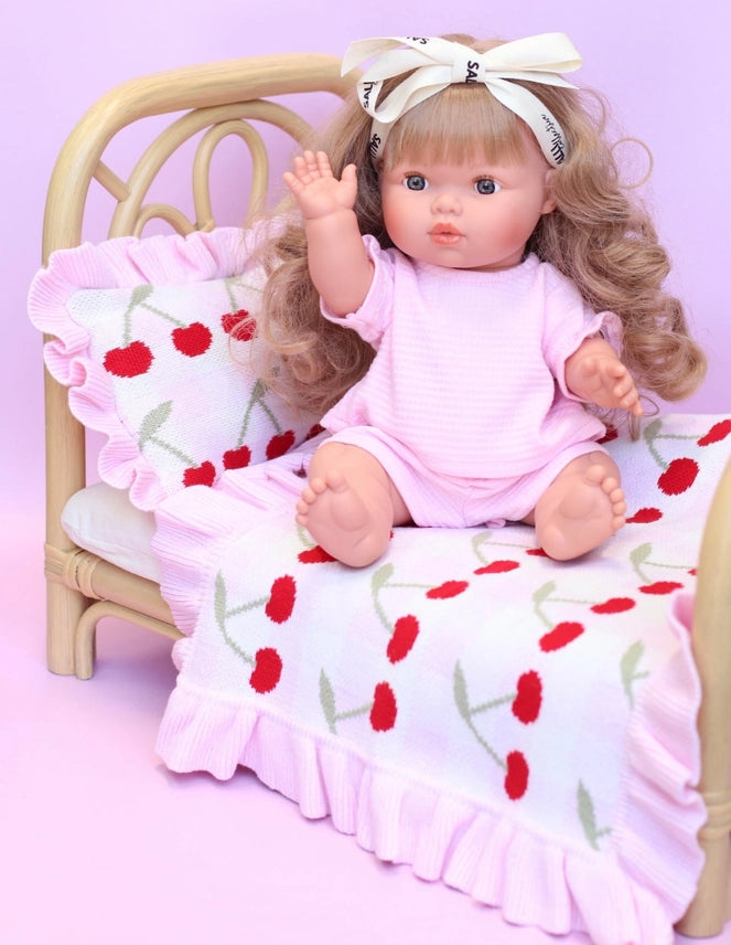 Dolls Frilled Gingham Cherry Blanket + Pillow Set