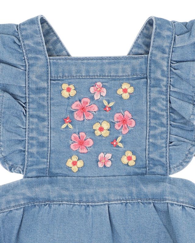 Embroidered Denim Romper - Mid Indigo Blue
