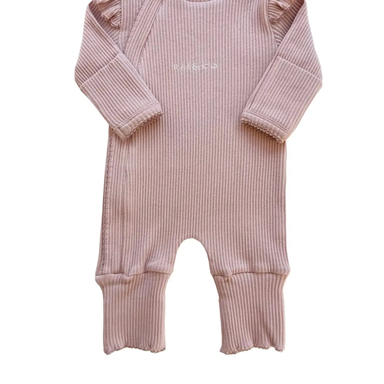 Frill Ribbed Jumpsuit - Powder Pink