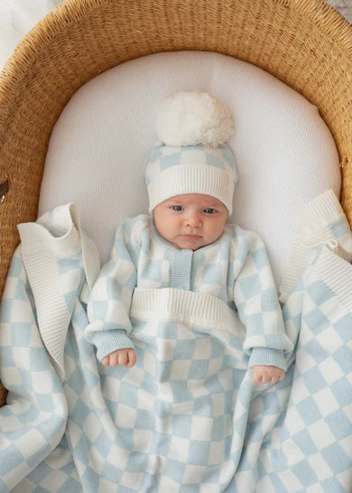 Border Knit Blanket - Blue Checker
