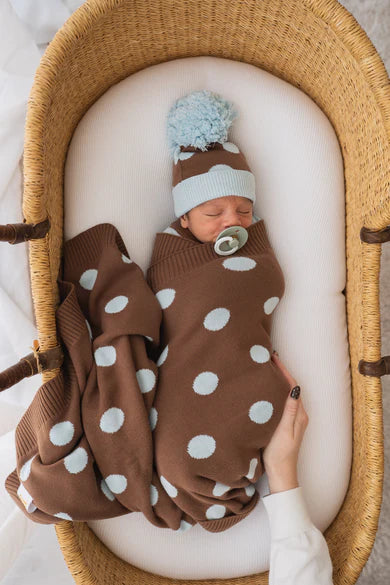 Knit Blanket - Choc Blue Polka