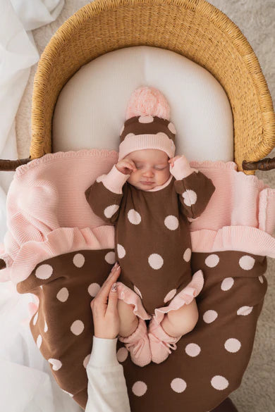 Frill Knit Blanket - Choc Pink Polka