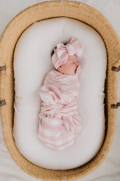 Swaddle & Top Knot Set - Pink Gingham