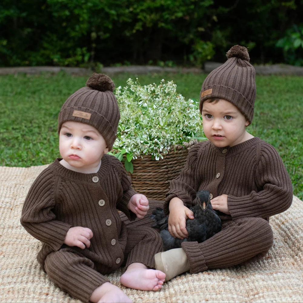 Knitted Cotton Ribbed Romper - Chocolate