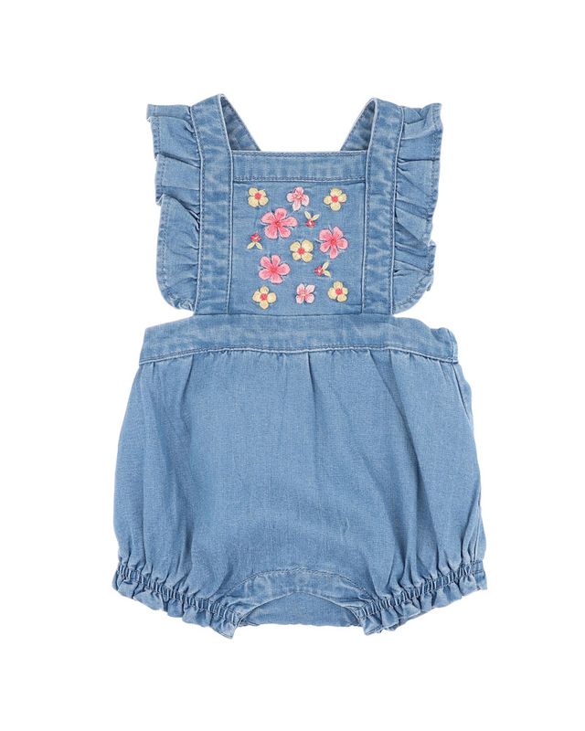 Embroidered Denim Romper - Mid Indigo Blue