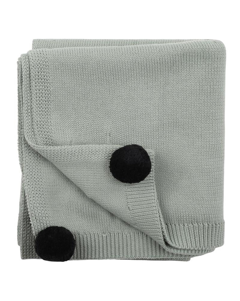 Pom Pom Knitted Blanket - Dusky Sage