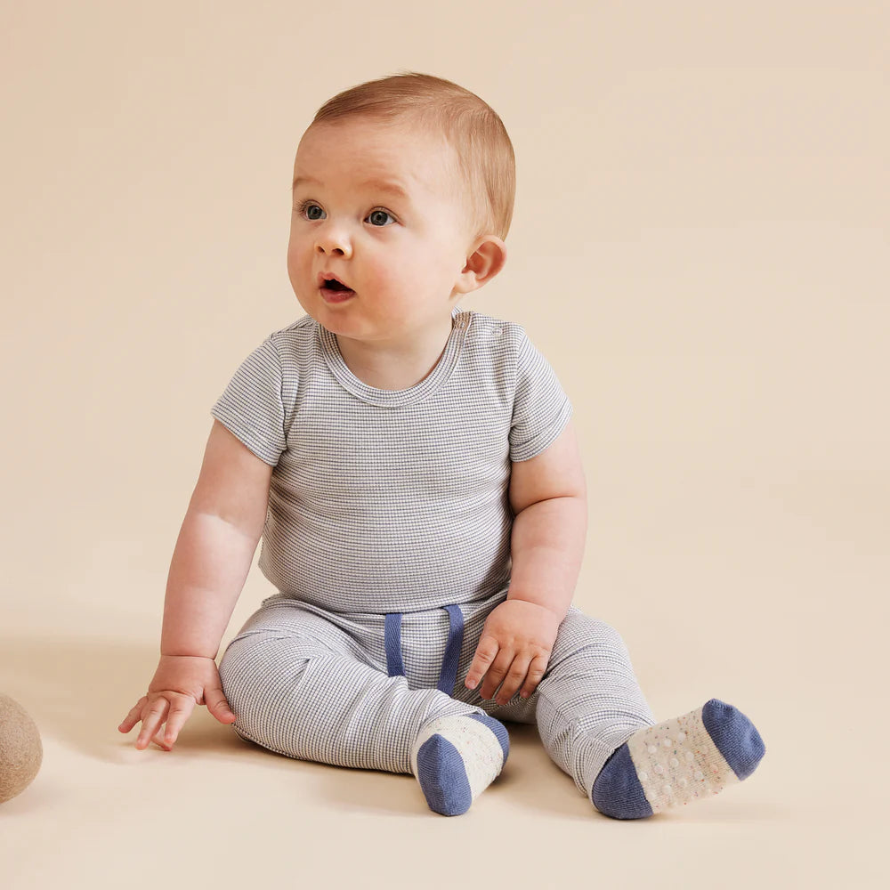 Organic Stripe Rib S/S Bodysuit - Rain Drop