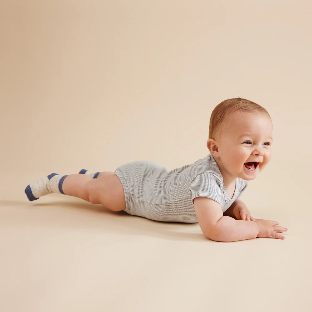 Organic Stripe Rib S/S Bodysuit - Rain Drop
