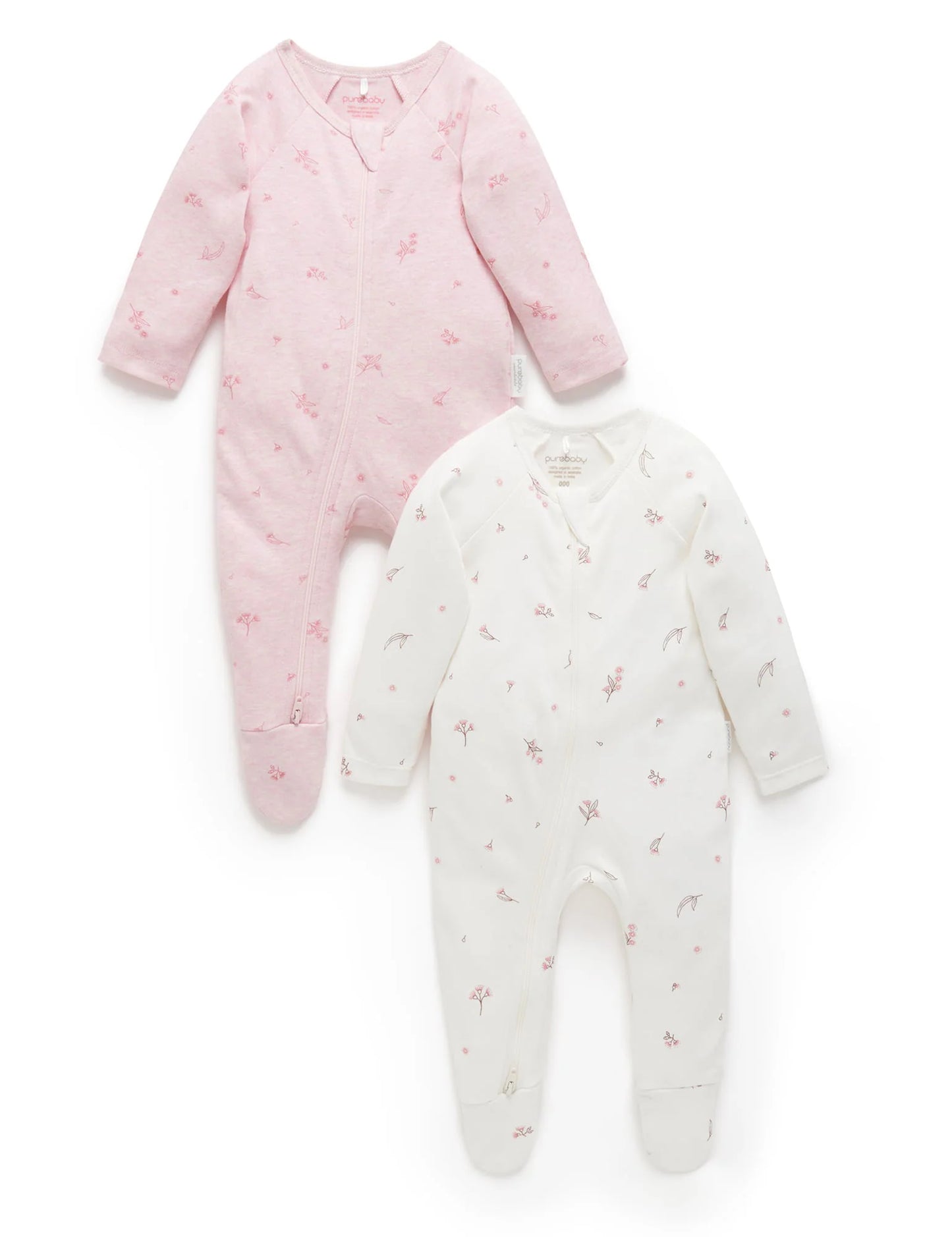 Purebaby 2 Pk Zip Growsuit - Pale Pink Blossom