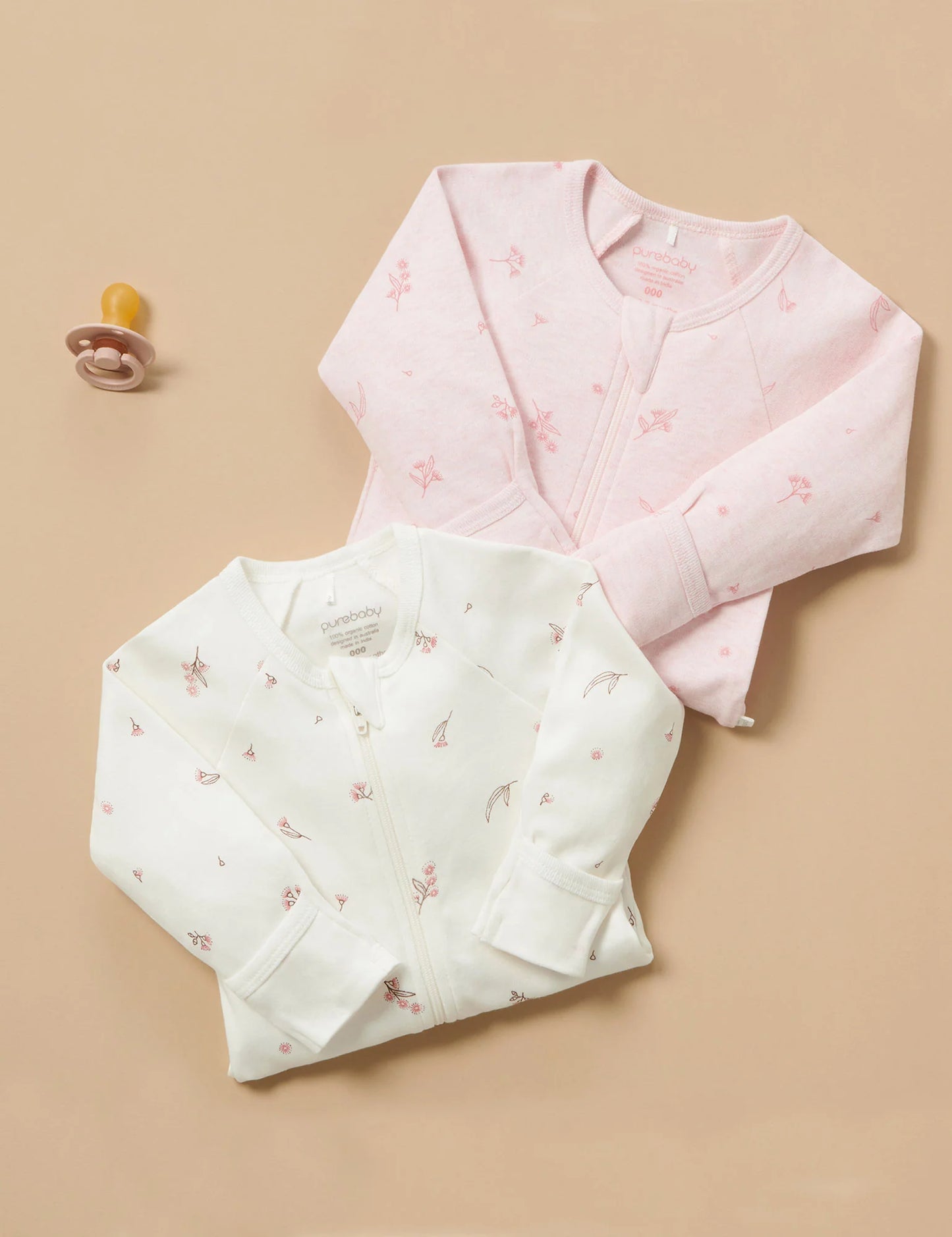 Purebaby 2 Pk Zip Growsuit - Pale Pink Blossom