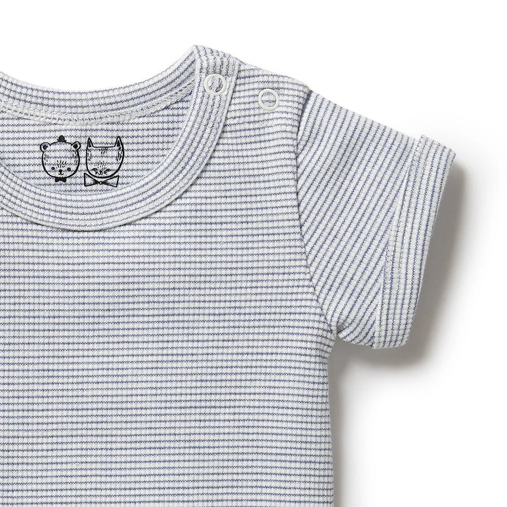 Organic Stripe Rib S/S Bodysuit - Rain Drop