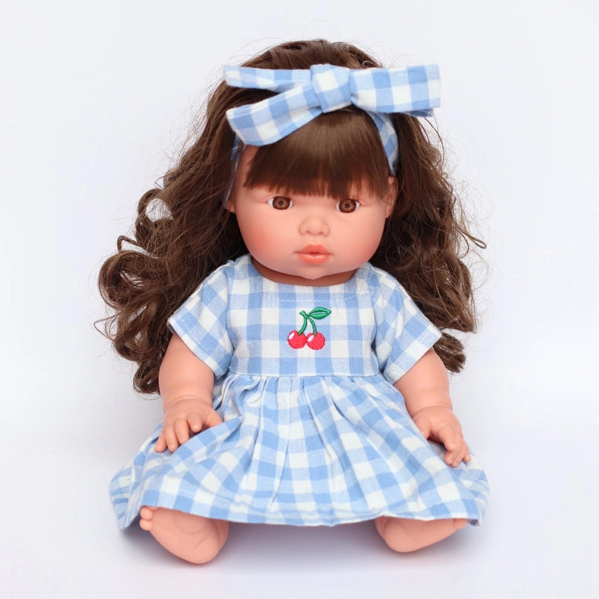 Dolls Sky Blue Cherry Gingham Chloe Dress + Bow - Fits 34-38cm