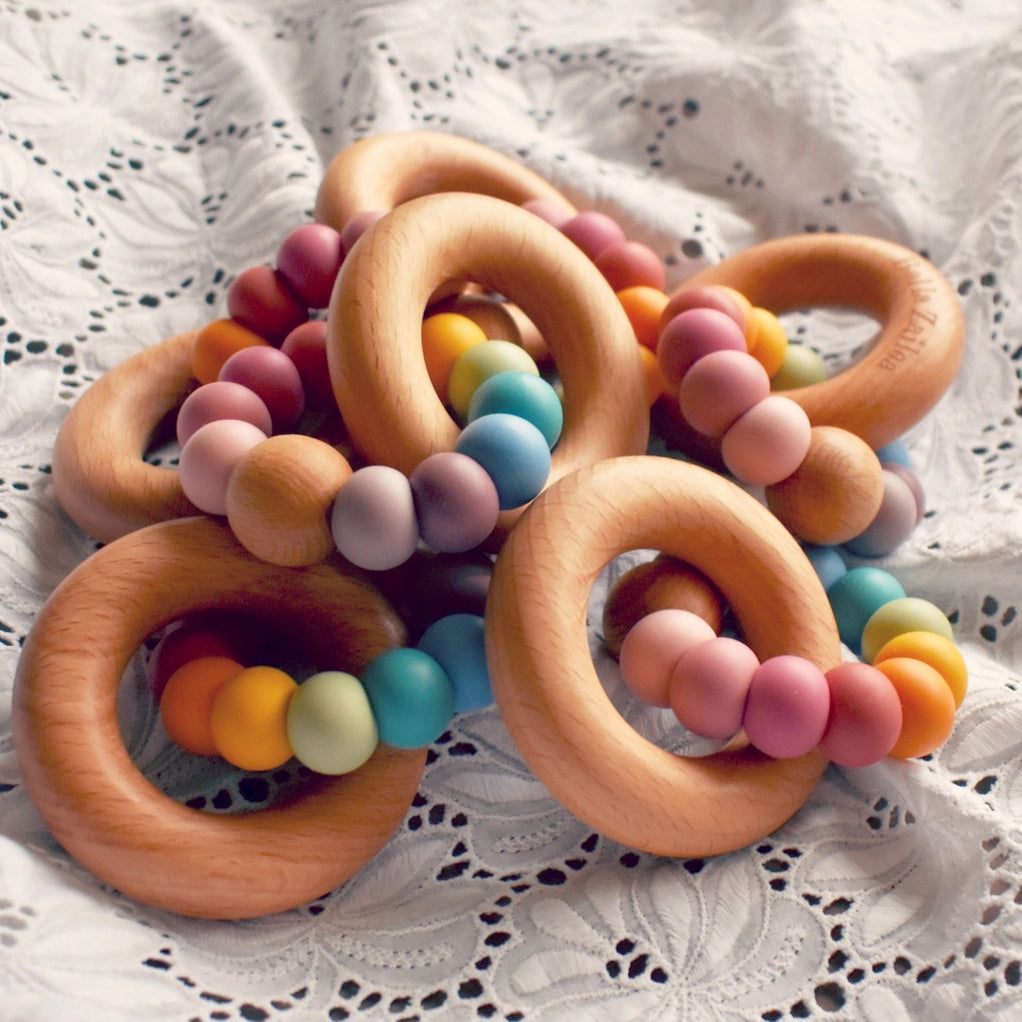 Vintage Silicone & Beech Wood Nova Teether - Rainbow