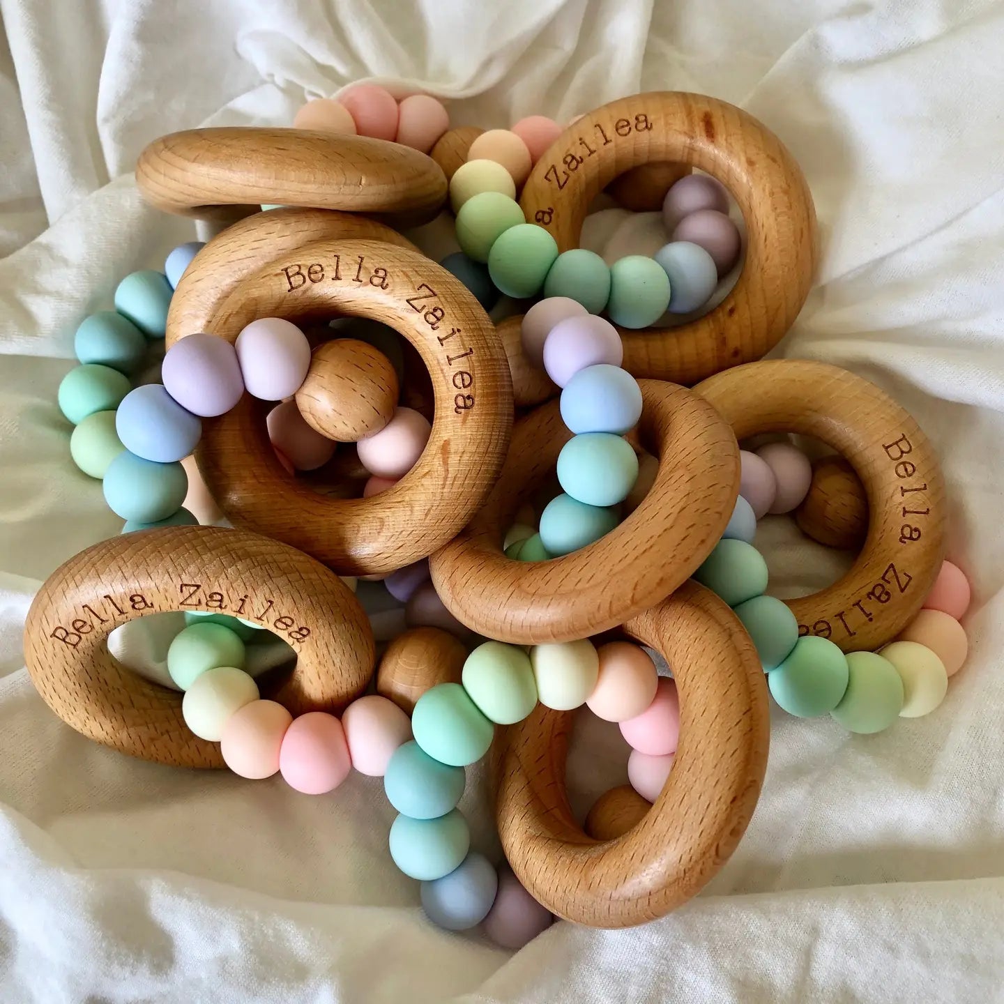 Nova Silicone & Beech Wood Teething Ring - Pastel Rainbow