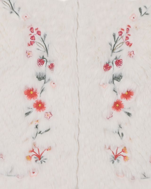 Embroidered Faux Fur Vest - Cream