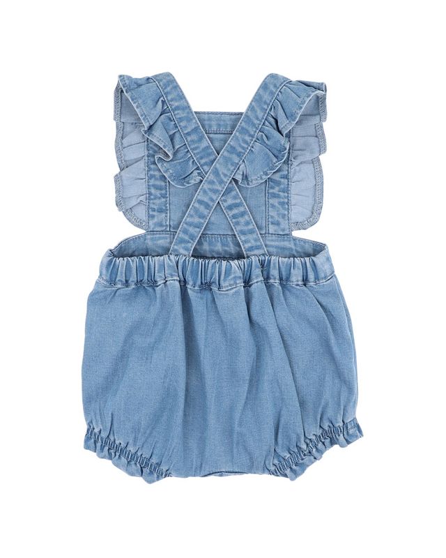Embroidered Denim Romper - Mid Indigo Blue