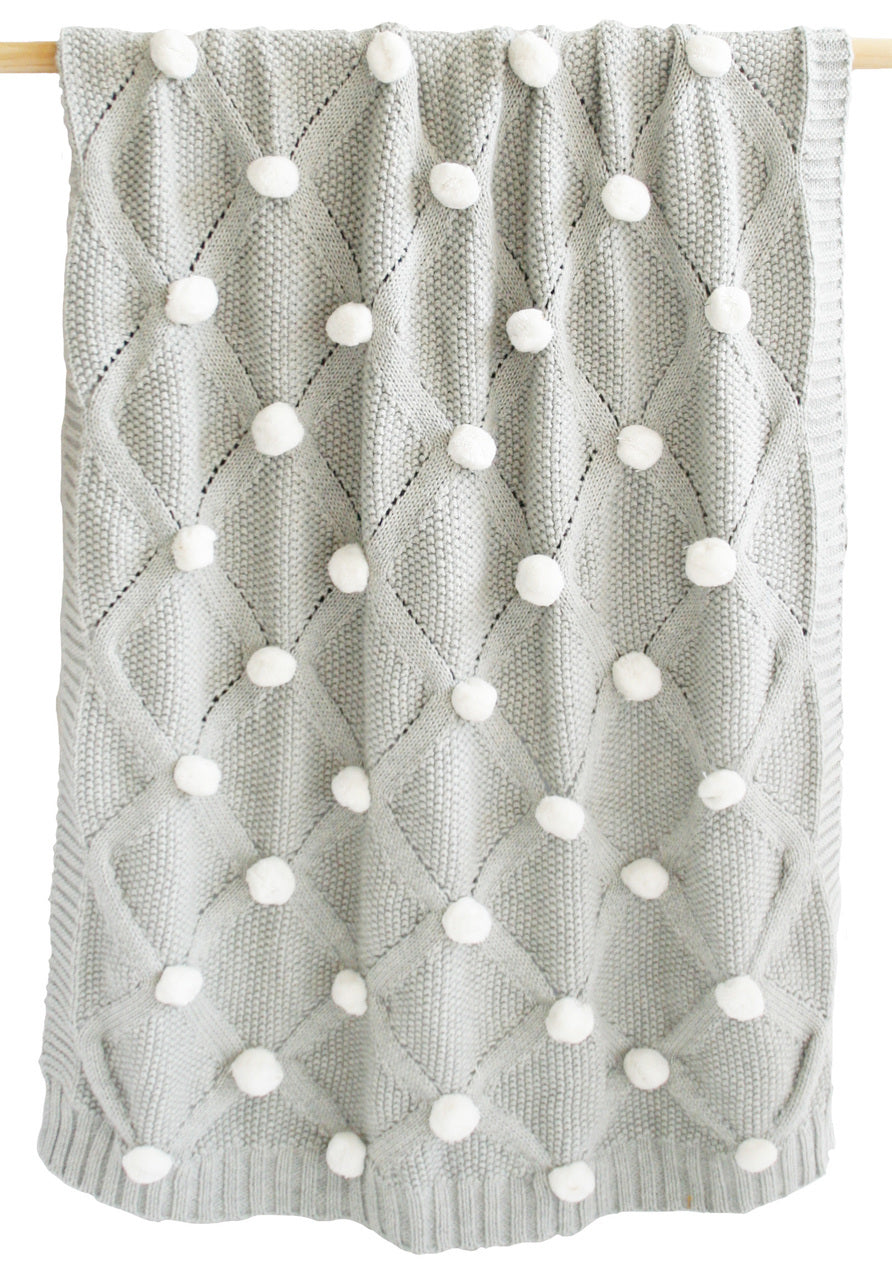 Pom Pom Organic Knit Baby Blanket - Grey