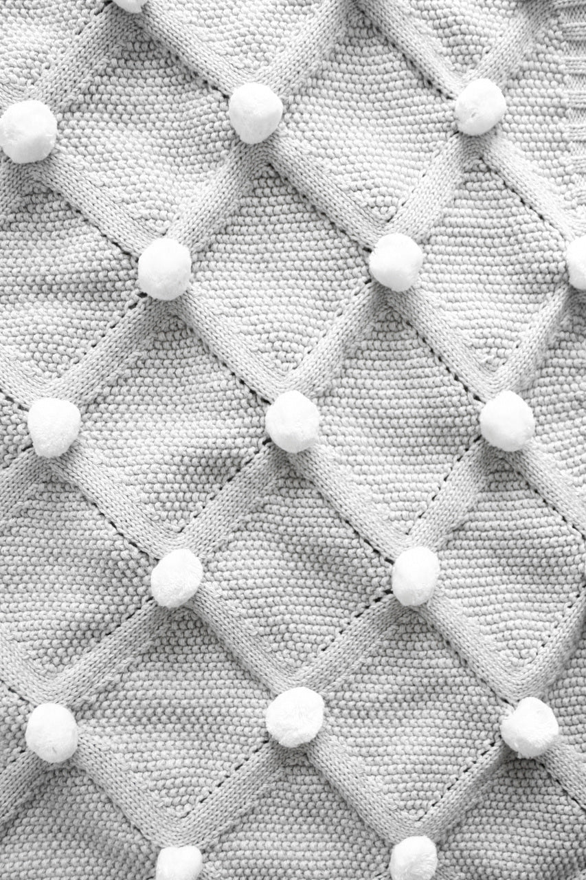 Pom Pom Organic Knit Baby Blanket - Grey
