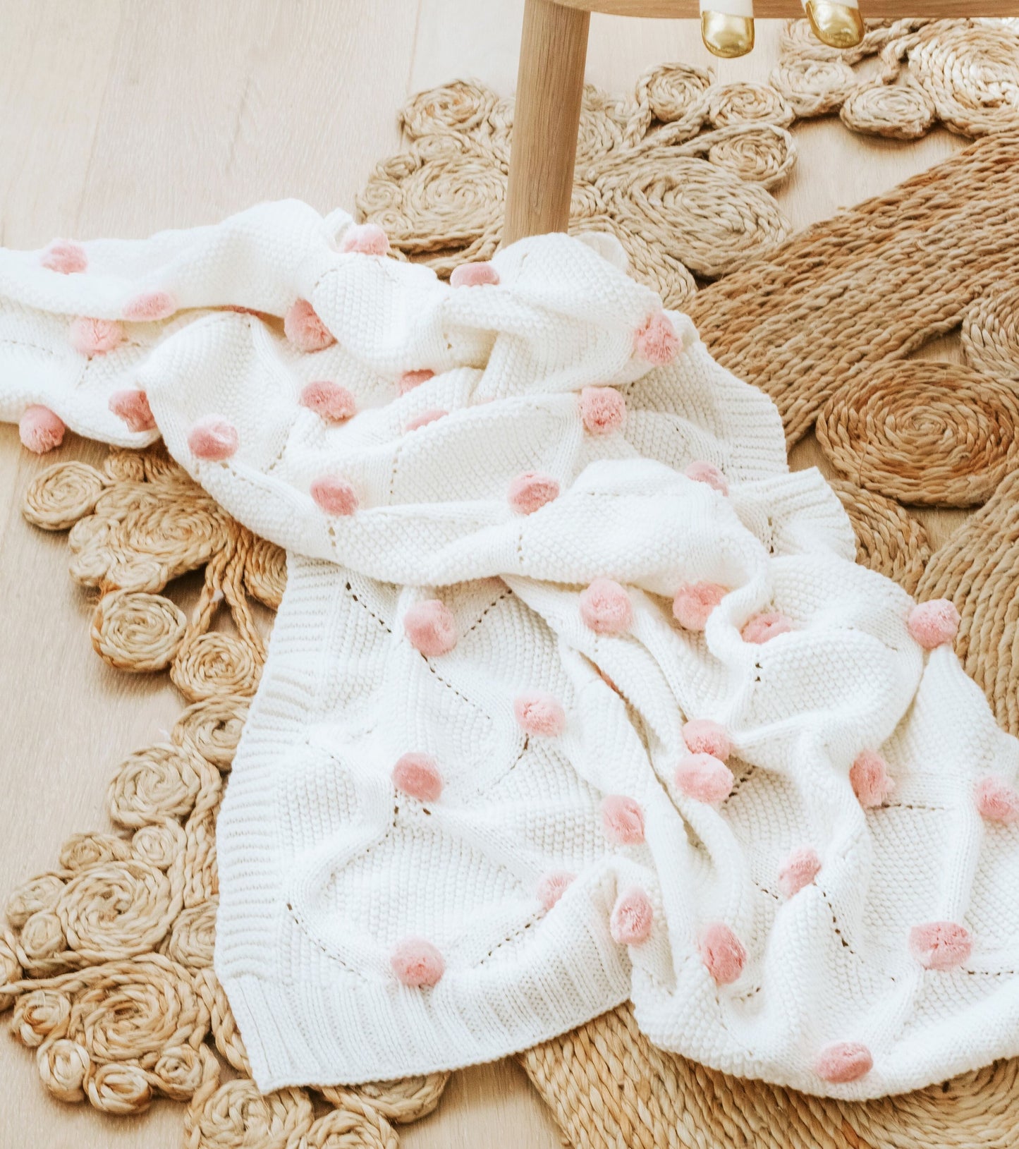 Pom Pom Organic Knit Baby Blanket - Pink