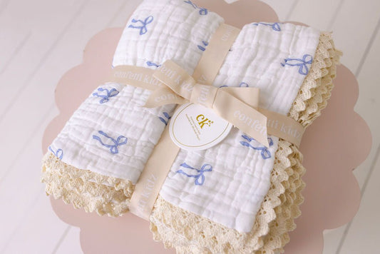 Muslin Blanket w Lace Trim - Blue Bows