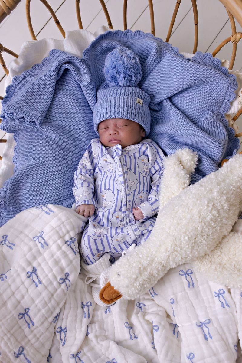 Muslin Blanket w Lace Trim - Blue Bows