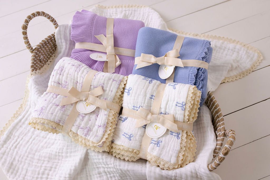 Muslin Blanket w Lace Trim - Blue Bows