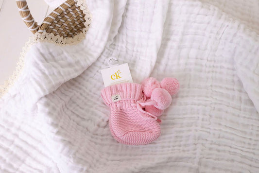 Knitted Baby Booties - Pink Poms 0-6M