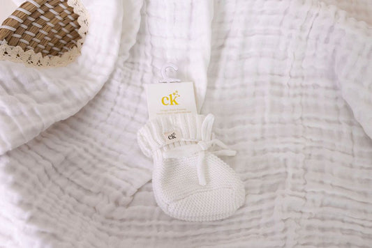 Knitted Baby Booties - White 0-6M