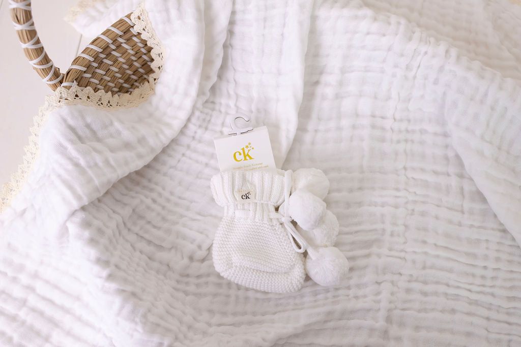 Knitted Baby Booties - White Poms 0-6M