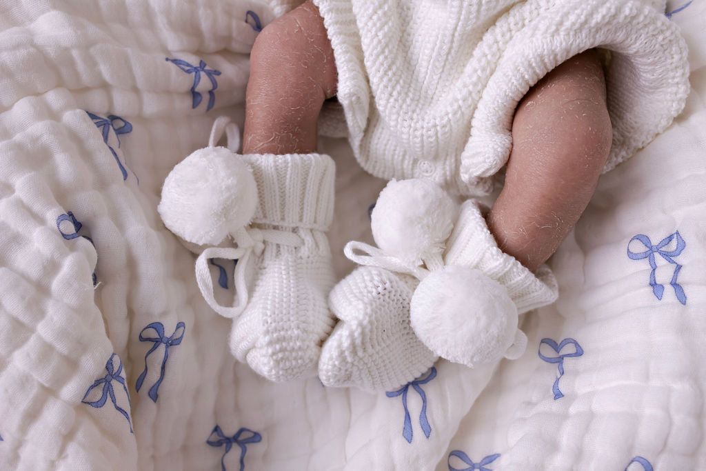 Knitted Baby Booties - White Poms 0-6M