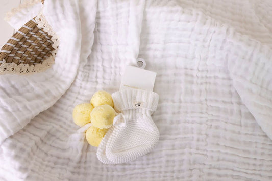 Knitted Baby Booties - Yellow Poms 0-6M