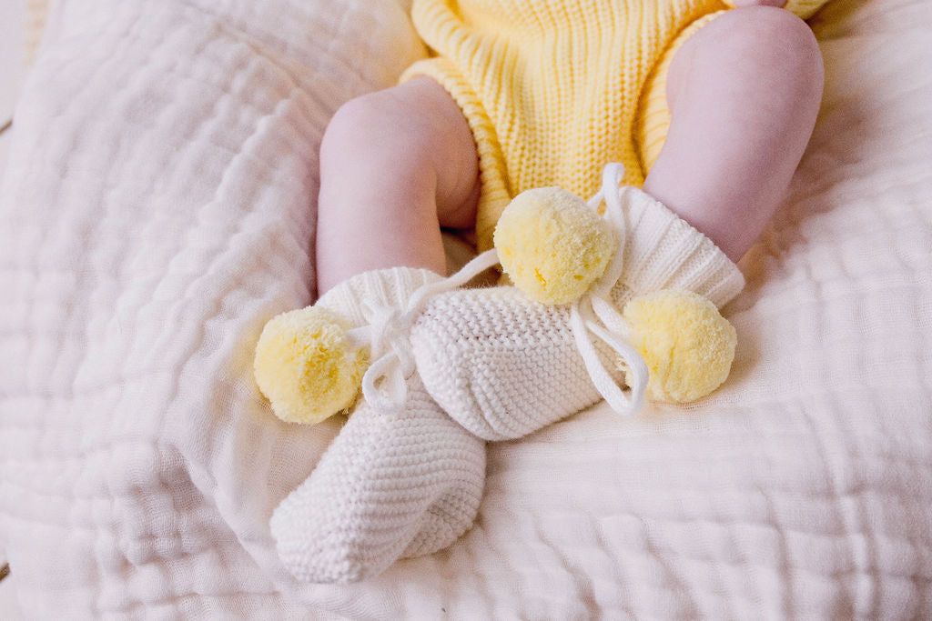 Knitted Baby Booties - Yellow Poms 0-6M