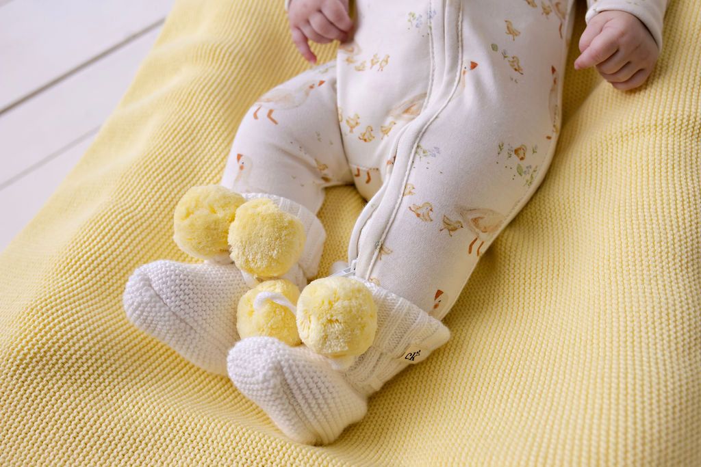 Knitted Baby Booties - Yellow Poms 0-6M