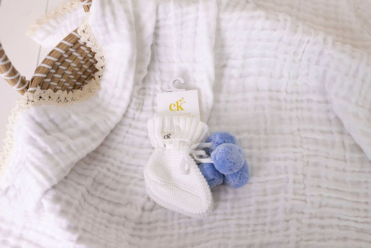 Knitted Baby Booties - Blue Poms 0-6M