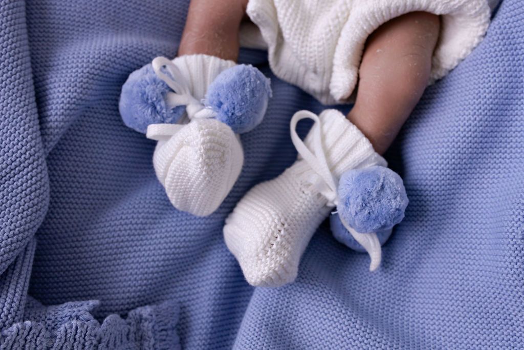 Knitted Baby Booties - Blue Poms 0-6M