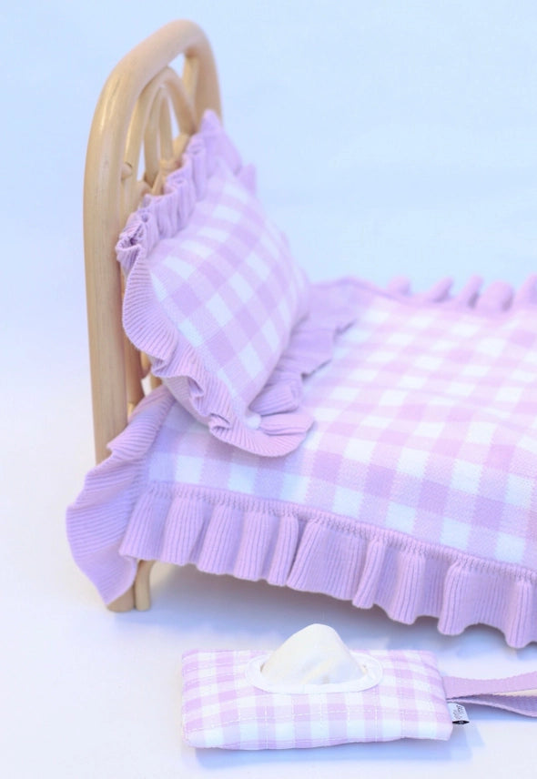 Frilled Purple Gingham Doll Blanket + Pillow Set
