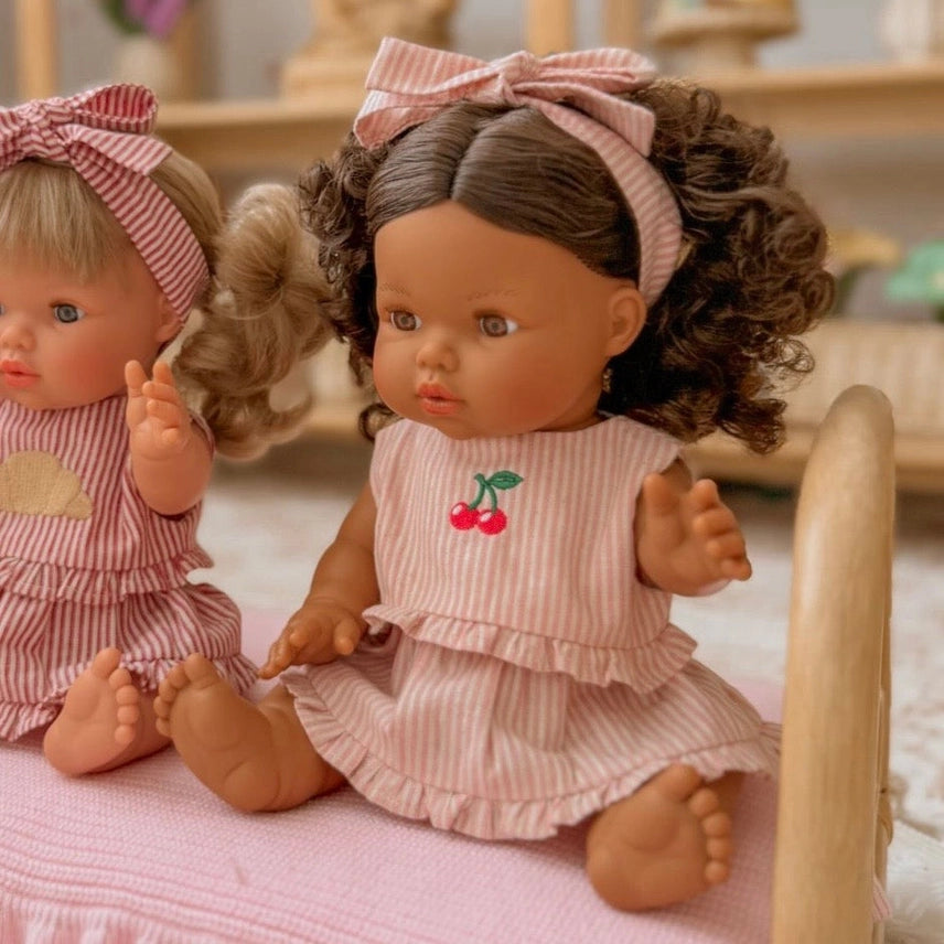 Dolls Vintage Pink & Ivory Frilled 3Pce  Set with Cherry  Embroidery - Fits 34-38cm