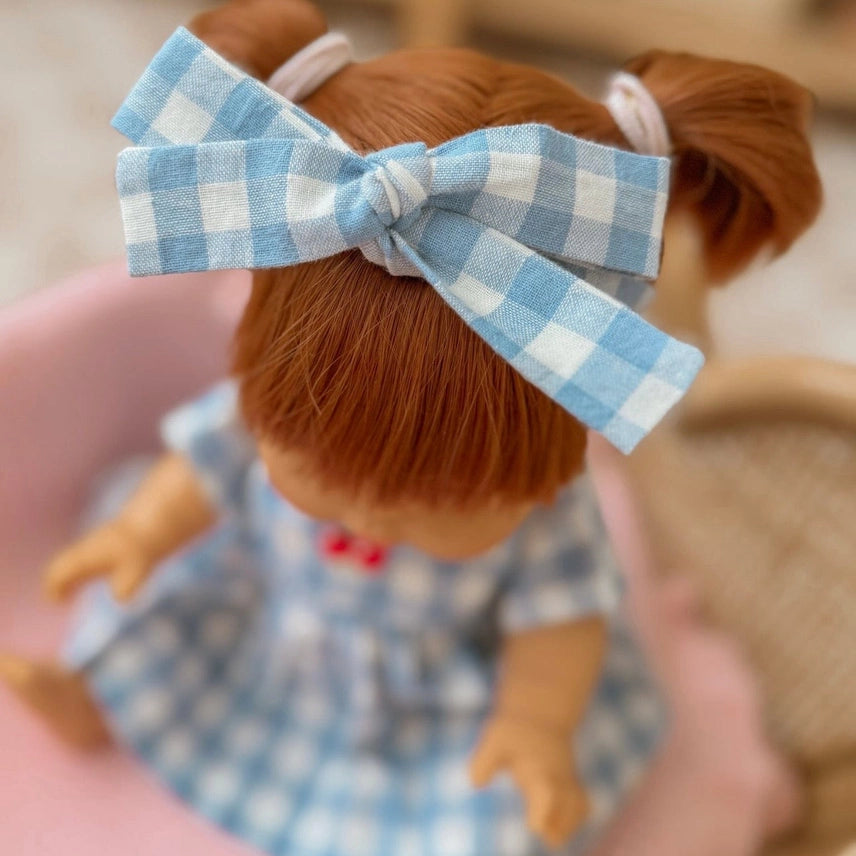 Dolls Sky Blue Cherry Gingham Chloe Dress + Bow - Fits 34-38cm
