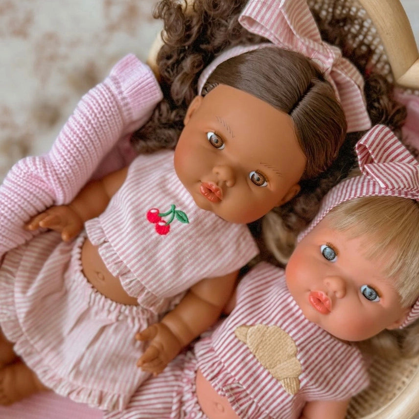Dolls Vintage Pink & Ivory Frilled 3Pce  Set with Cherry  Embroidery - Fits 34-38cm