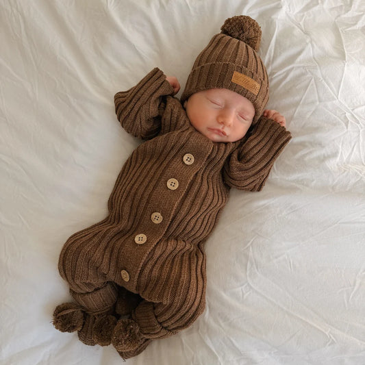 Knitted Cotton Ribbed Romper - Chocolate