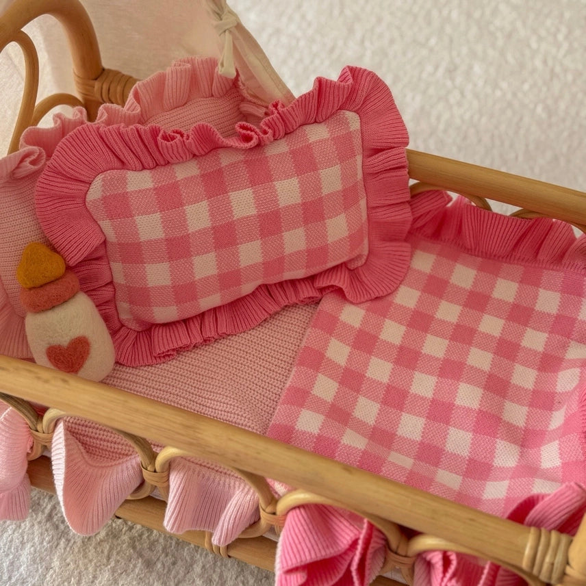 Frilled Tulip Pink Gingham Doll Blanket + Pillow Set