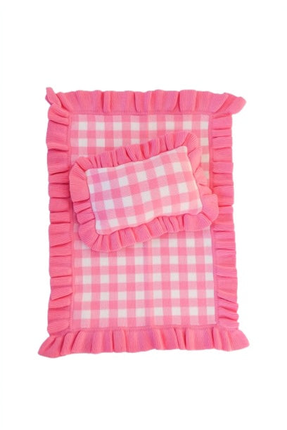 Frilled Tulip Pink Gingham Doll Blanket + Pillow Set