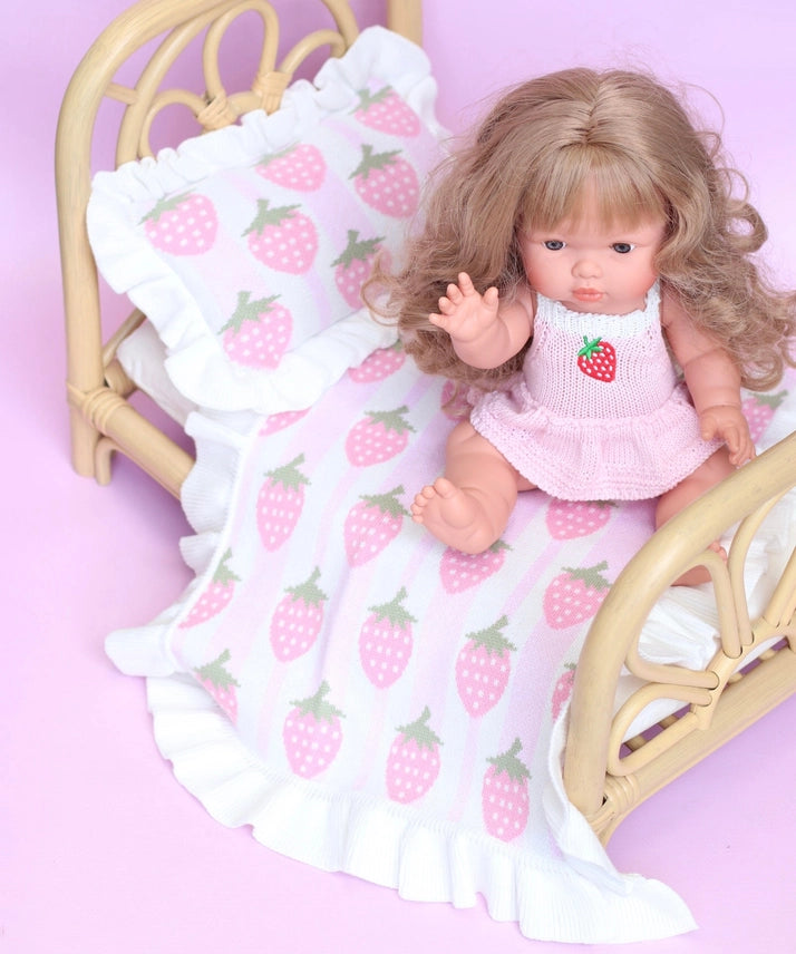 Strawberry Frilled Doll Blanket + Pillow Set